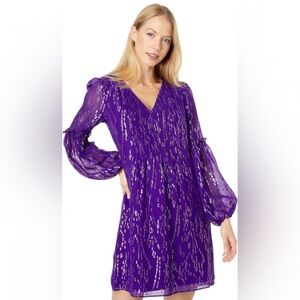 Lilly‎ Pulitzer CLEME SILK DRESS Purple Berry Fish Clip Chiffon Gold SZ 10